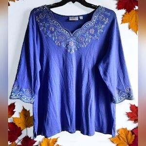 2X💜Vintage Purple Embroider Floral Blouse Top